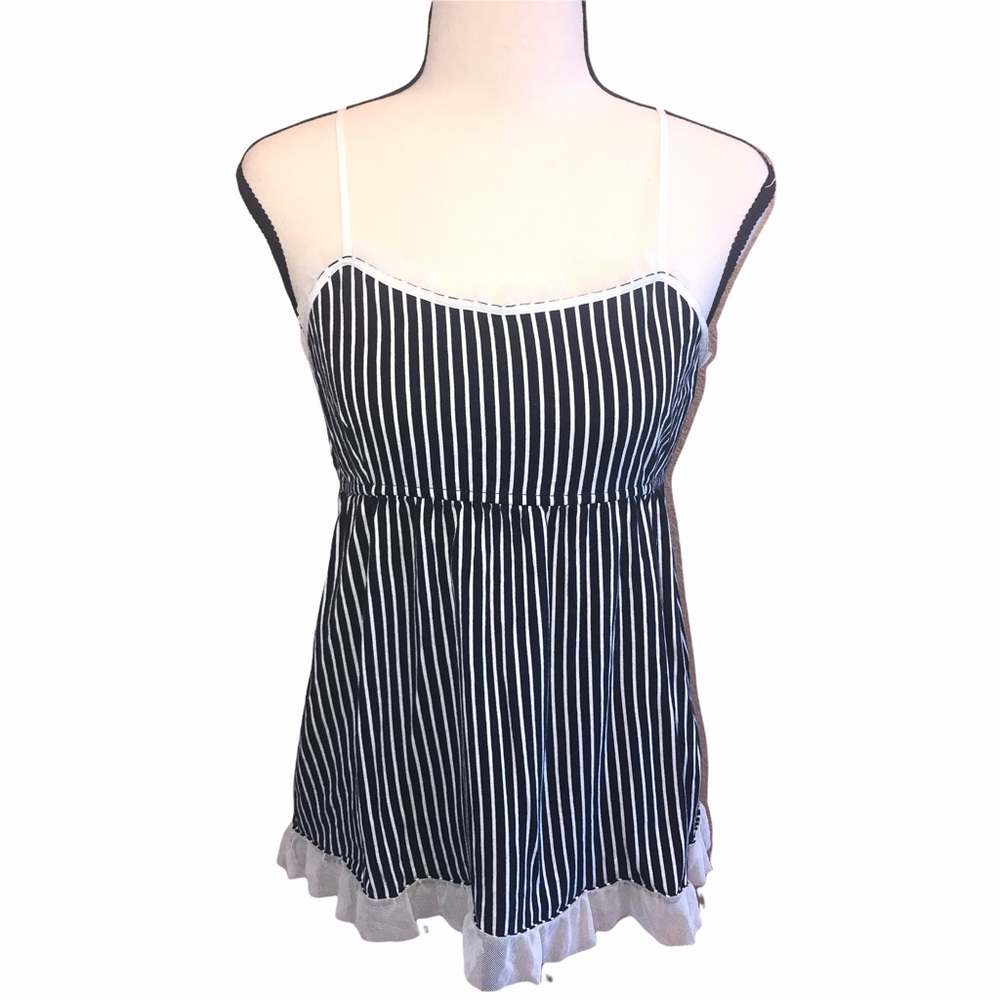 Vera Wang Striped Summer Cami Tank Top Empire Waist White Ruffle Trim Size M